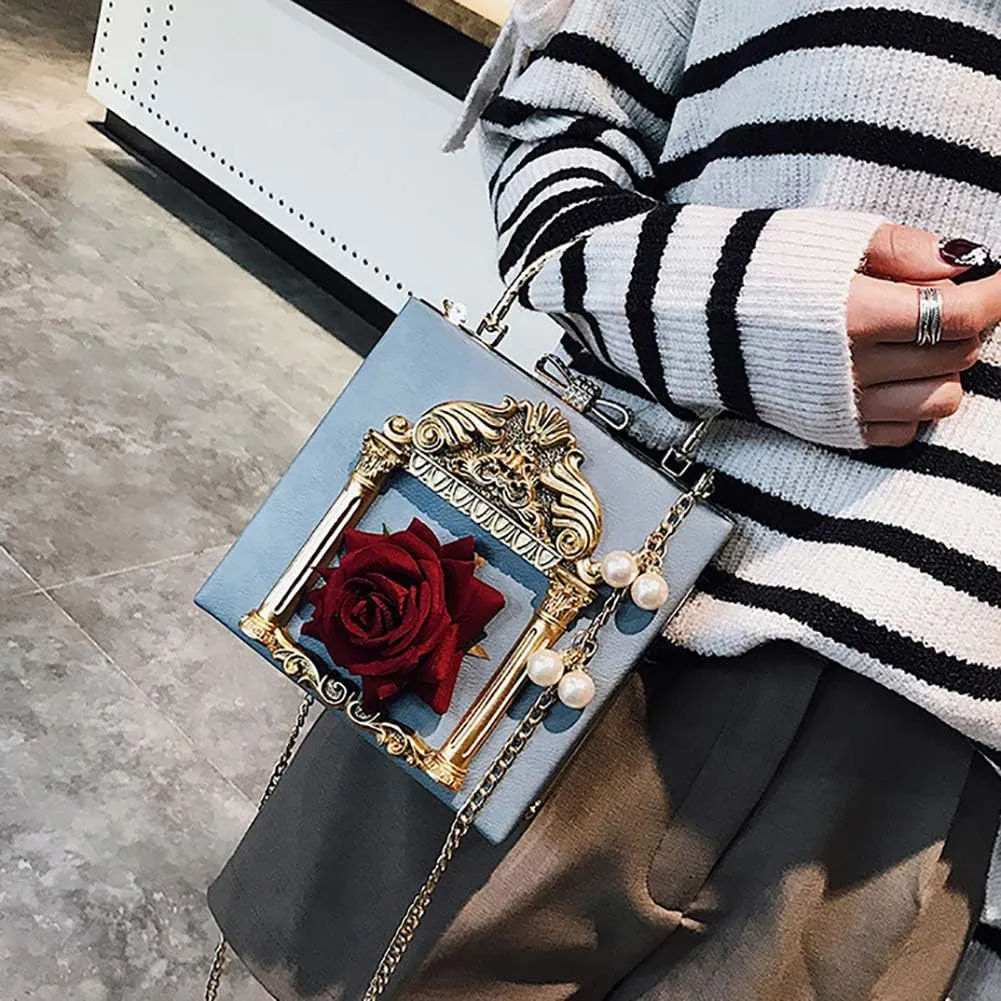 QZUnique Women Love Angel Floral Evening Bag Rose Embossed Formal Purse Clutch Black Gold Crossbody Pearl Chain Shoulder Bag