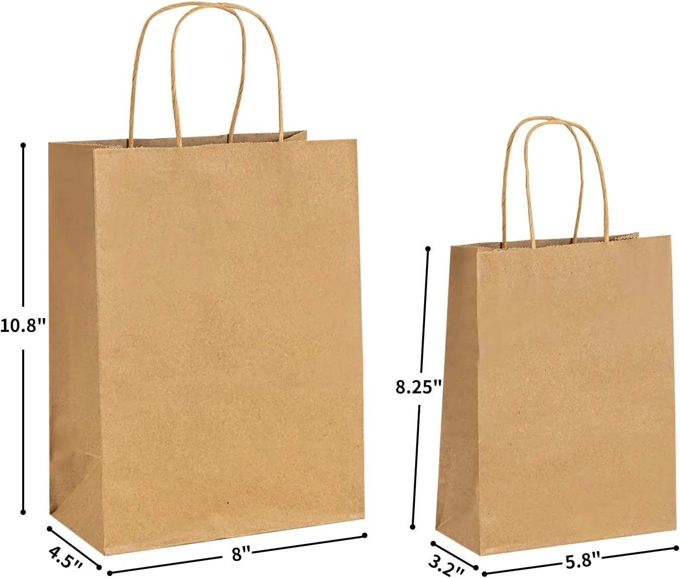 RACETOP 10 PCS Custom Kraft Paper Bags with Logo for Small Business, 8x4.5x10.8 Inch Medium Size, Personalized Gift Bags, Brown Shopping Paper bag with Handle Bulk, White Goodie Bag
