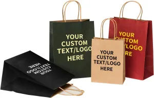 RACETOP 10 PCS Custom Kraft Paper Bags with Logo for Small Business, 8x4.5x10.8 Inch Medium Size, Personalized Gift Bags, Brown Shopping Paper bag with Handle Bulk, White Goodie Bag