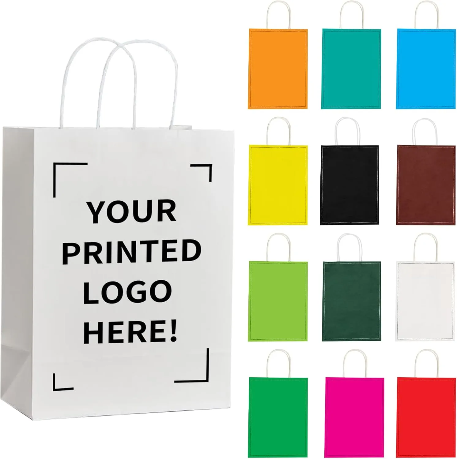 RACETOP 10 PCS Custom Kraft Paper Bags with Logo for Small Business, 8x4.5x10.8 Inch Medium Size, Personalized Gift Bags, Brown Shopping Paper bag with Handle Bulk, White Goodie Bag