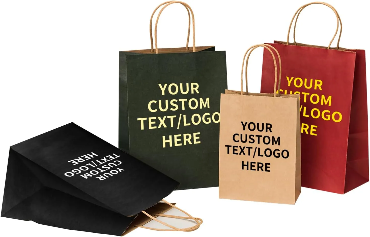 RACETOP 10 PCS Custom Kraft Paper Bags with Logo for Small Business, 8x4.5x10.8 Inch Medium Size, Personalized Gift Bags, Brown Shopping Paper bag with Handle Bulk, White Goodie Bag