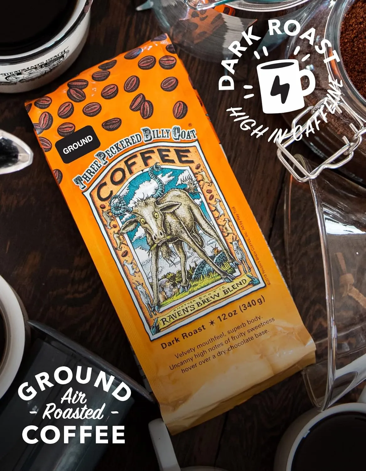 Raven's Brew Coffee Three Peckered Billy Goat, 12 Ounce - Dark Roast - Full Body with a Long Sweet Finish (Ground, 12 oz)