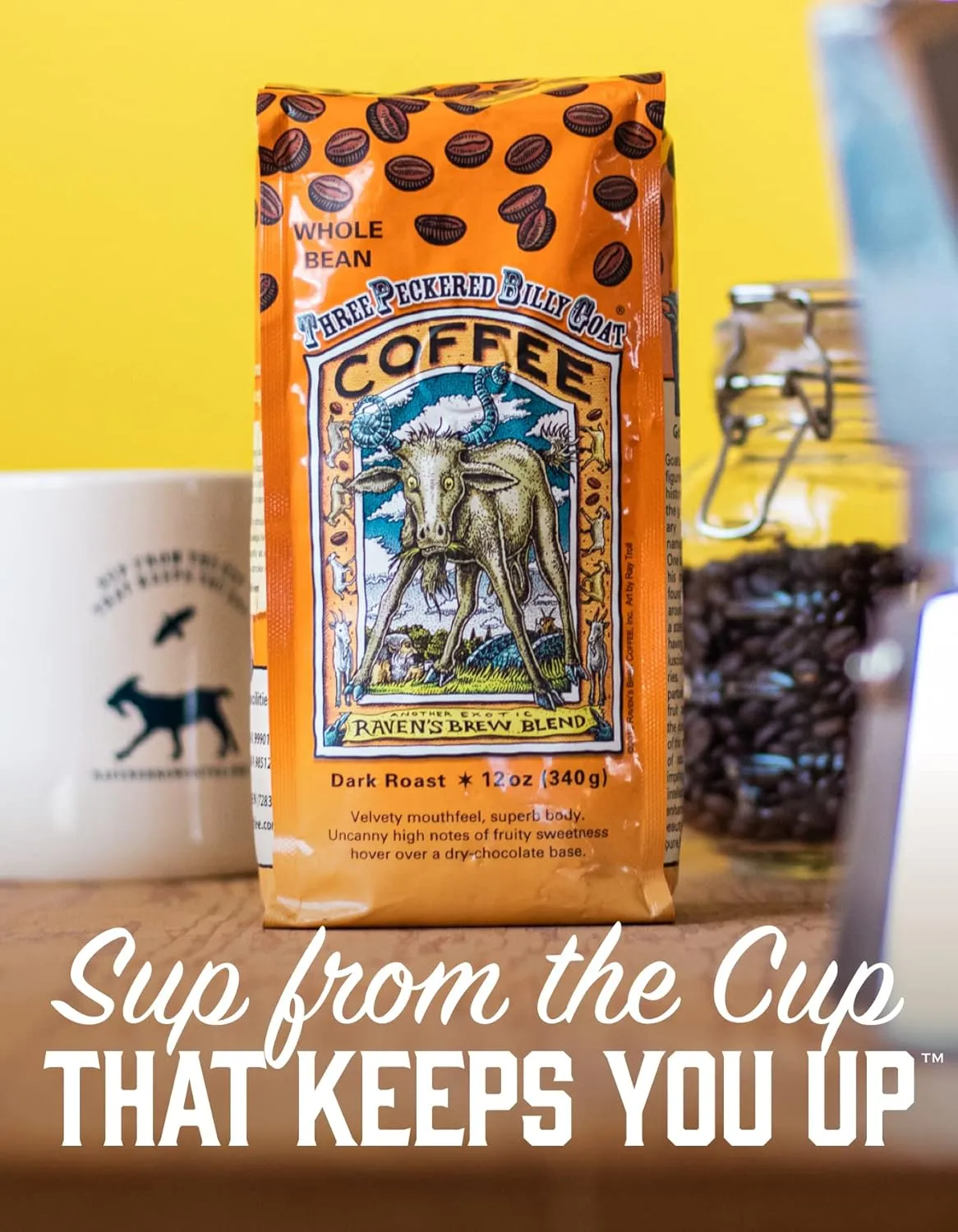 Raven's Brew Coffee Three Peckered Billy Goat, 12 Ounce - Dark Roast - Full Body with a Long Sweet Finish (Ground, 12 oz)