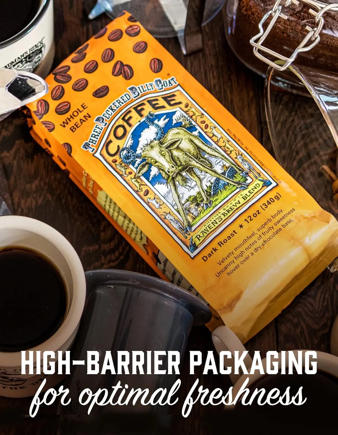 Raven's Brew Coffee Three Peckered Billy Goat, 12 Ounce - Dark Roast - Full Body with a Long Sweet Finish (Ground, 12 oz)
