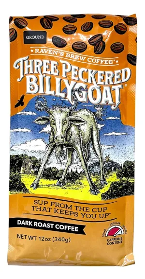 Raven's Brew Coffee Three Peckered Billy Goat, 12 Ounce - Dark Roast - Full Body with a Long Sweet Finish (Ground, 12 oz)