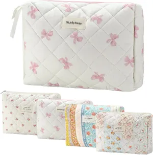 Reginary 4 Pcs Quilted Cotton Makeup Bag Coquette Aesthetic Kawaii Cosmetic Cute Makeup Pouch Travel Toiletry Organizer Bag for Women Brushes Accessories Storage