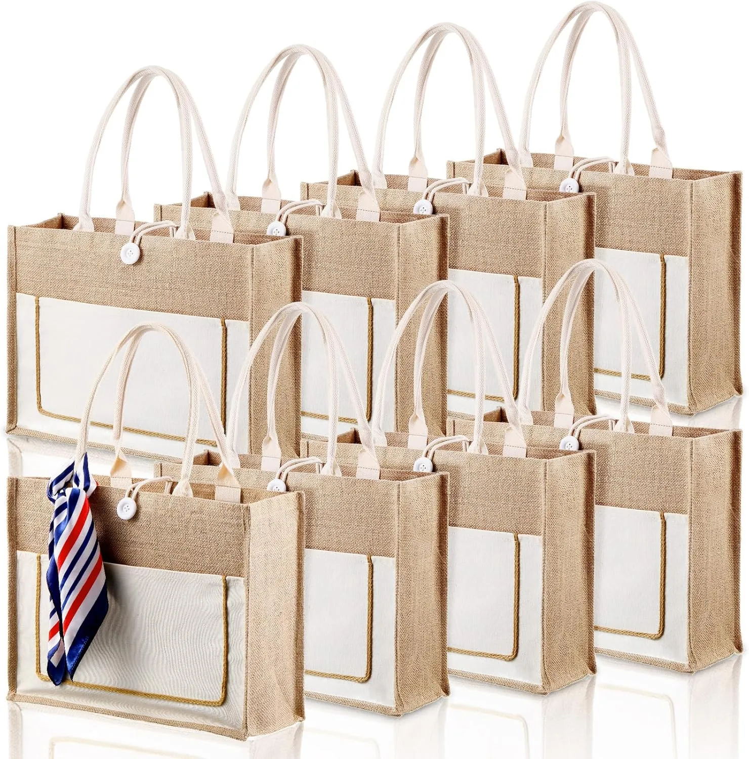 Reginary 8 Pcs Burlap Tote Bags Bulk Large Jute Tote with Handles Reusable Canvas Gift Bags for Wedding Travel