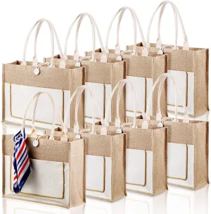 Reginary 8 Pcs Burlap Tote Bags Bulk Large Jute Tote with Handles Reusable Canvas Gift Bags for Wedding Travel