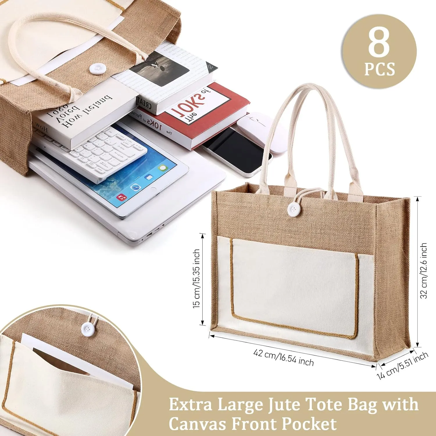 Reginary 8 Pcs Burlap Tote Bags Bulk Large Jute Tote with Handles Reusable Canvas Gift Bags for Wedding Travel