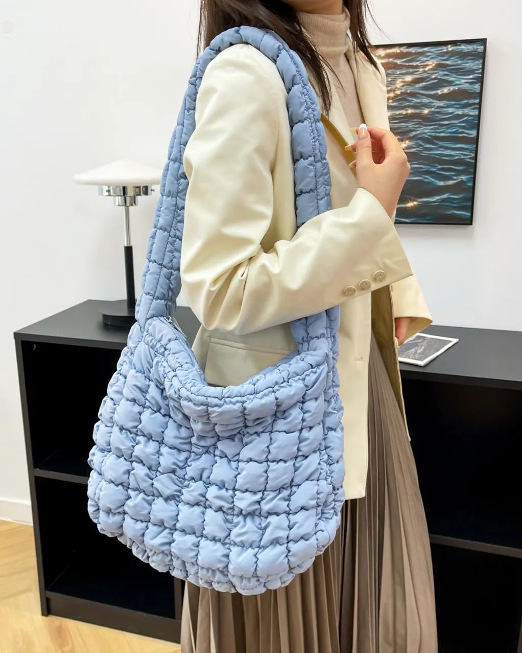 Rejolly Puffer Quilted Shoulder Bag for Women Puffy Bubble Tote Bag Lightweight Nylon Handbag Padded Soft Purse