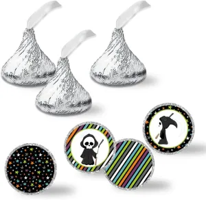 Relax! Funny Grim Reaper Halloween Themed Kiss Sticker Labels, 300 Party Circle Sticker Sized 0.75” for Chocolate Drop Kisses by AmandaCreation, Great for Party Favors, Envelope Seals & Goodie Bags