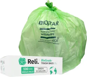 Reli. Biodegradable 33 Gallon Trash Bags, 100 Count, Green Eco Friendly, Degradable Under Certain Conditions, Custom-Fit for Compactor