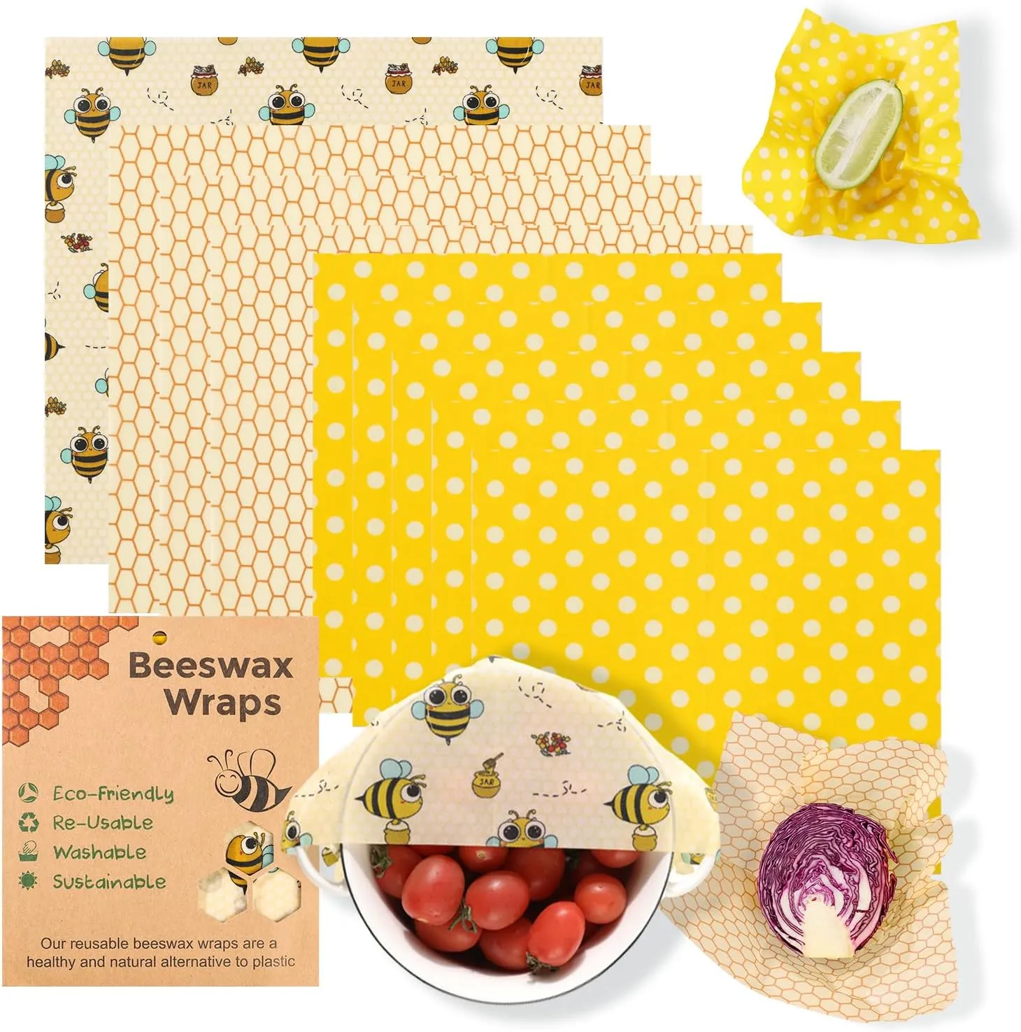 Reusable Beeswax Food Wraps - 9 Pack (5S,3M,1L) for Bread, Sandwiches, Cheese & Bowl Covers | Food Storage | Organic, Zero Waste, Plastic and Silicone Free