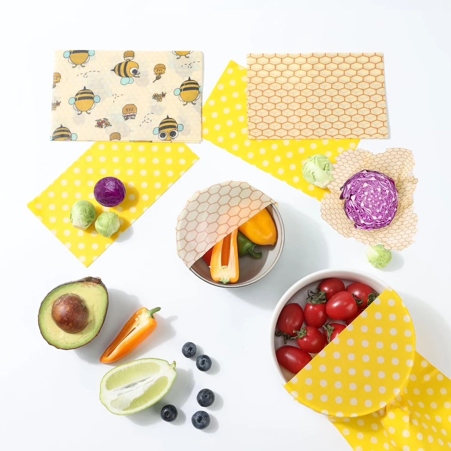 Reusable Beeswax Food Wraps - 9 Pack (5S,3M,1L) for Bread, Sandwiches, Cheese & Bowl Covers | Food Storage | Organic, Zero Waste, Plastic and Silicone Free