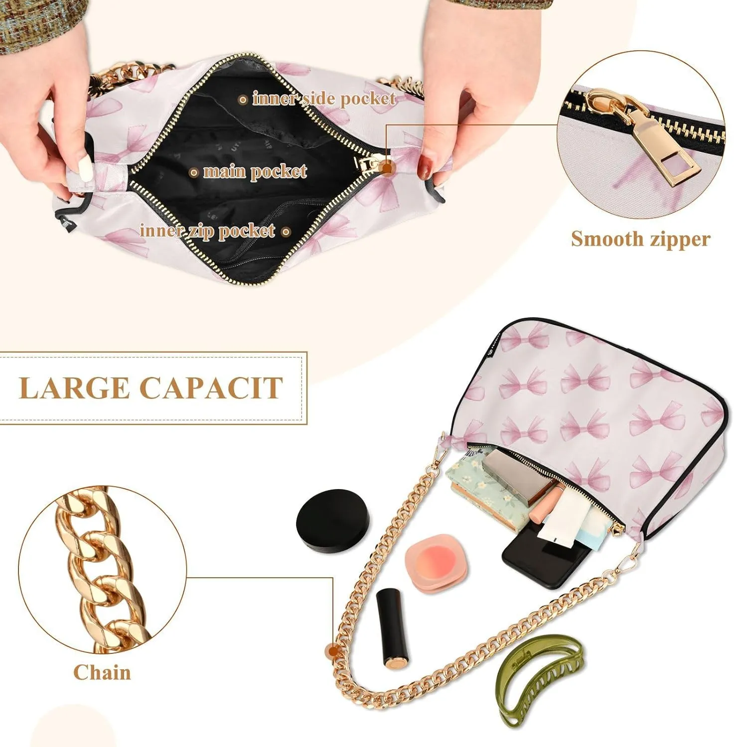 Ribbon Bow (1) Shoulder Bag for Women, Handbag with Chain Strap, Soft Purse Tote Bag for Ladies