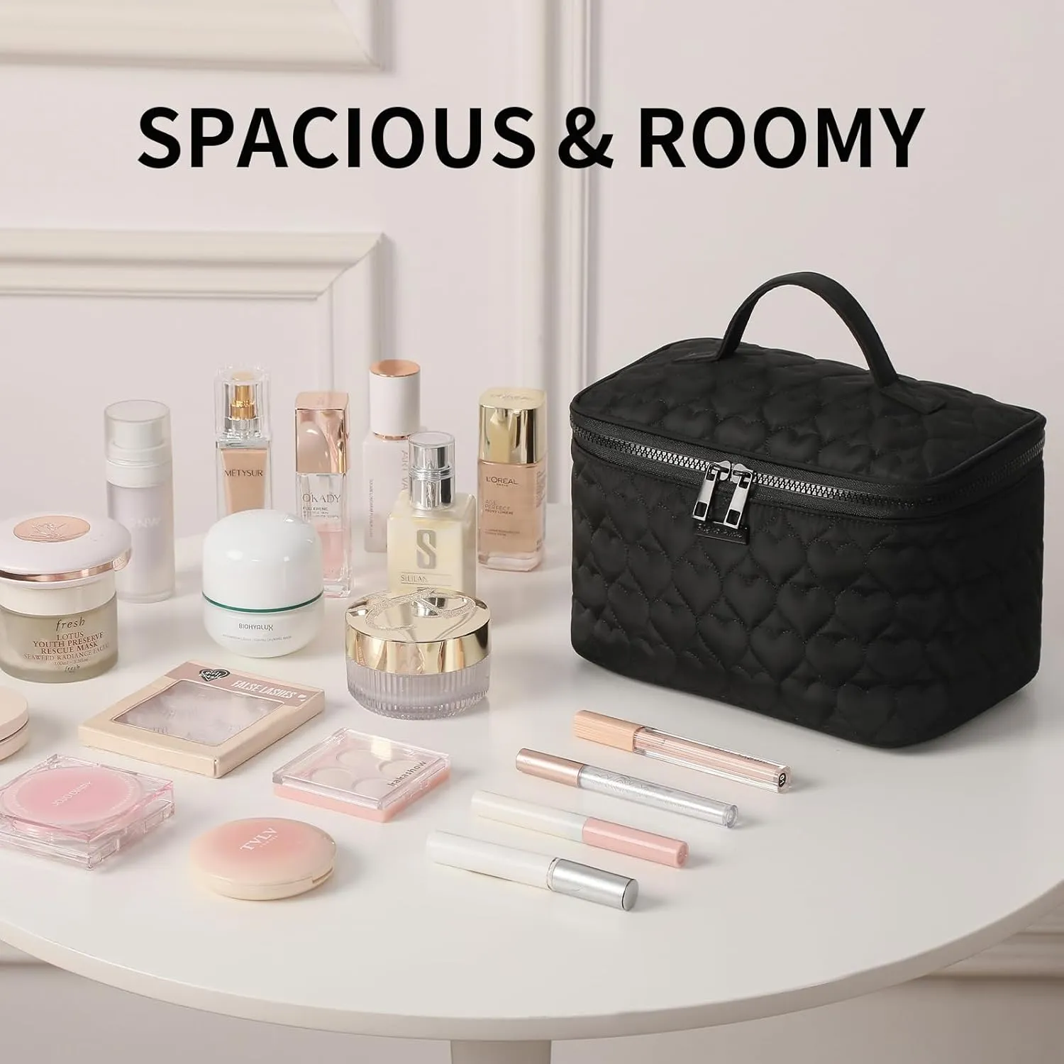 RIGHT AWAY Makeup Bag,Large Cosmetic Bags for Women Girls, Quilted Train Case Make Up Bag with Handle,Travel Makeup Case Organizer,Cute Toiletry Bag Vanity Bag (Black)