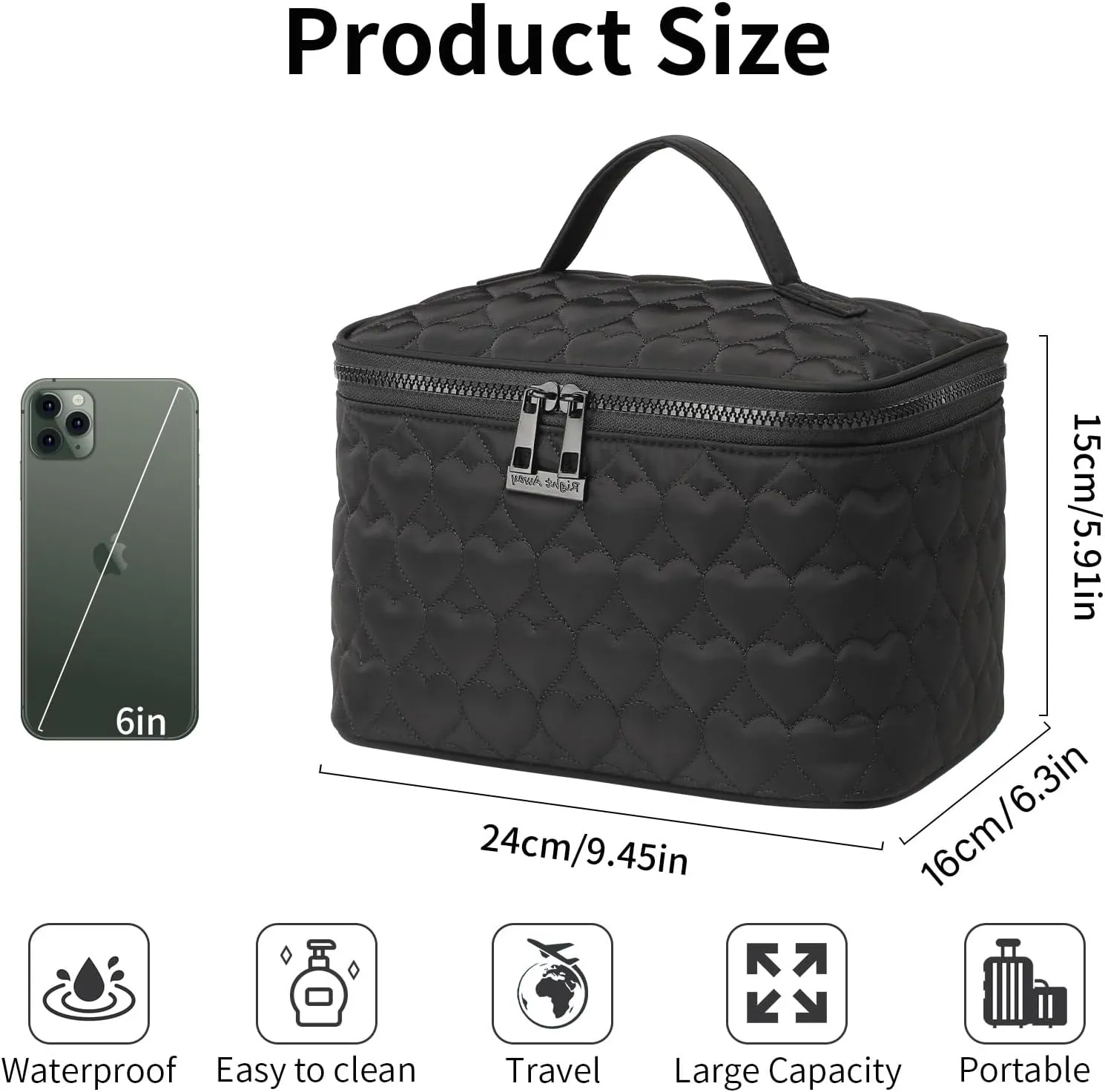 RIGHT AWAY Makeup Bag,Large Cosmetic Bags for Women Girls, Quilted Train Case Make Up Bag with Handle,Travel Makeup Case Organizer,Cute Toiletry Bag Vanity Bag (Black)