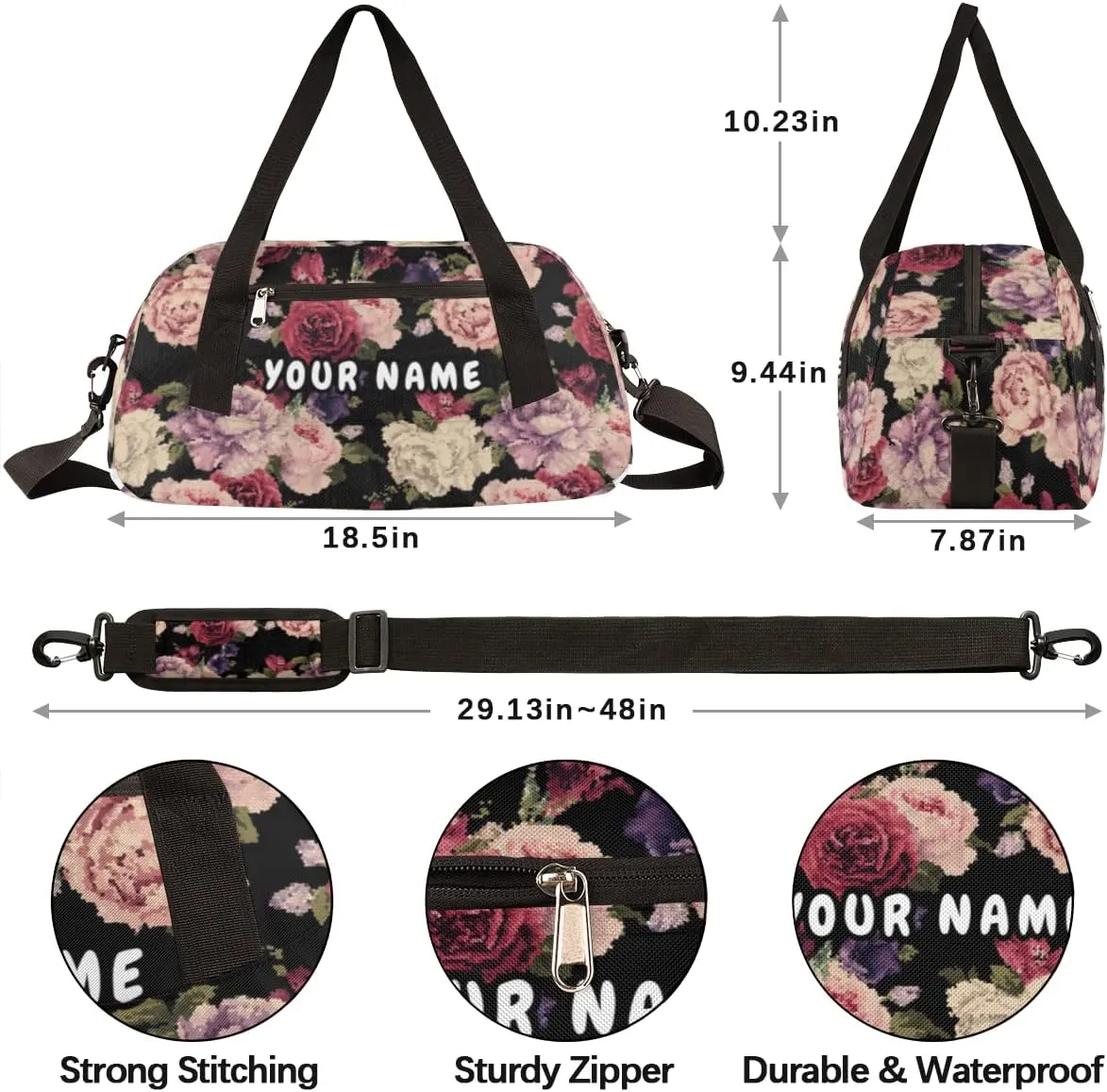 Rose Personalized Kids Duffel Bag for Girls Boys, Rose Debris Custom Name Dance Bag Overnight Small Duffel Bag Carry On Weekend Sports Travel Bag for School Practice Gymnastics Ballet
