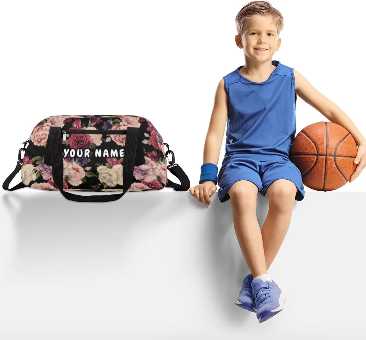 Rose Personalized Kids Duffel Bag for Girls Boys, Rose Debris Custom Name Dance Bag Overnight Small Duffel Bag Carry On Weekend Sports Travel Bag for School Practice Gymnastics Ballet