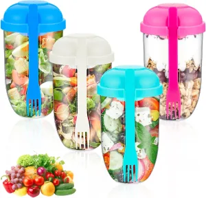 Roshtia 4 Pcs Salad Cup with Lids and Fork Fresh Salad Shaker Container for Lunch, Keep Fit Food Dressing Cup for Portable Breakfast Meal Vegetable and Fruits