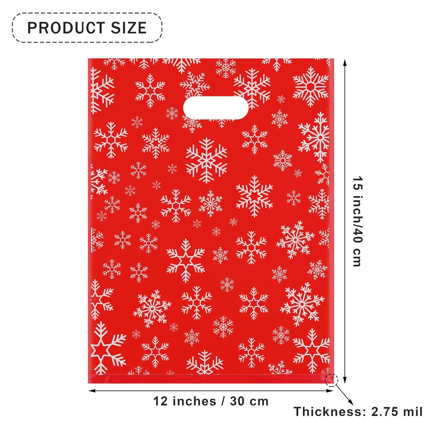 Ruisita 100 Pack 12 x 15 Inches Snowflakes Merchandise Bags Plastic Gift Bags with Handles Die Cut Reusable Goodie Bags Bulk for Shopping, Retail, Boutique (Red)