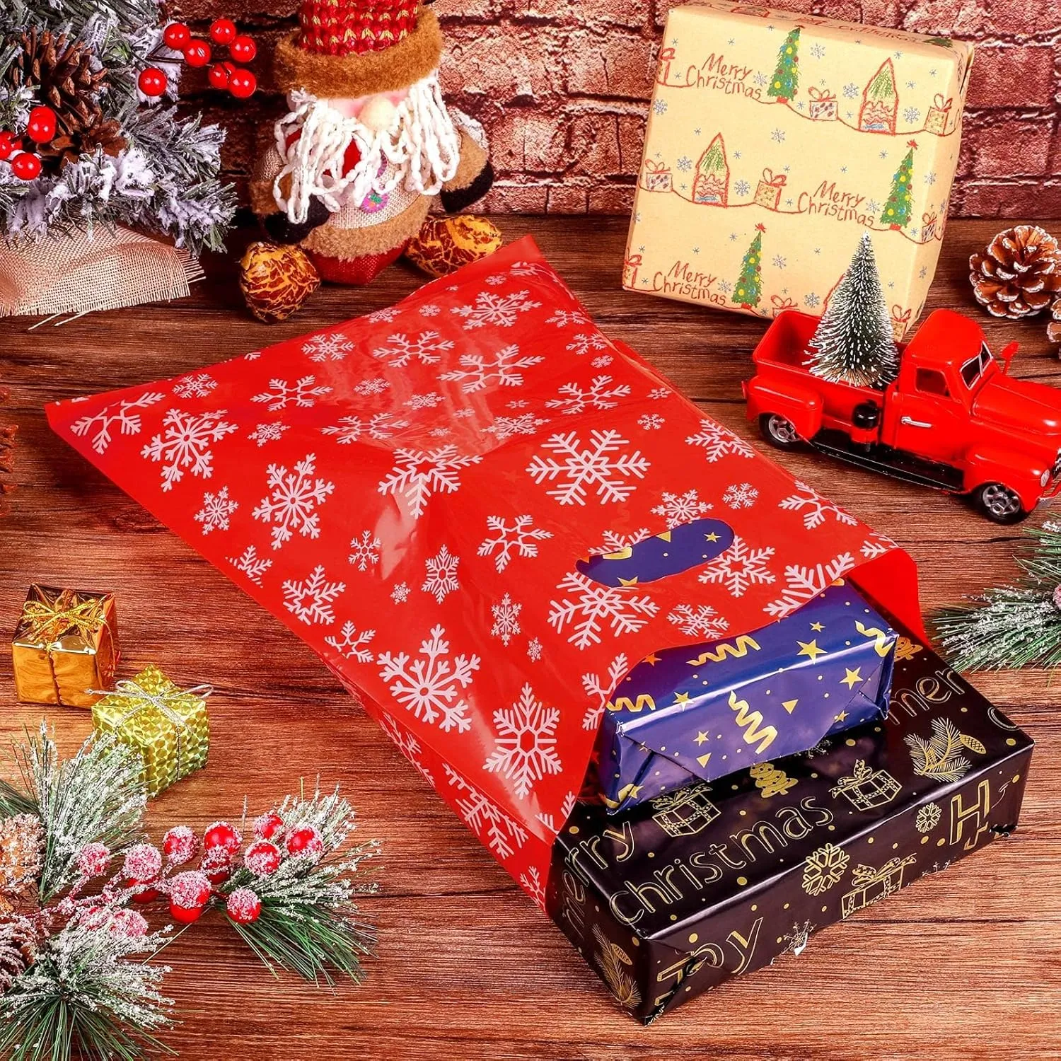 Ruisita 100 Pack 12 x 15 Inches Snowflakes Merchandise Bags Plastic Gift Bags with Handles Die Cut Reusable Goodie Bags Bulk for Shopping, Retail, Boutique (Red)
