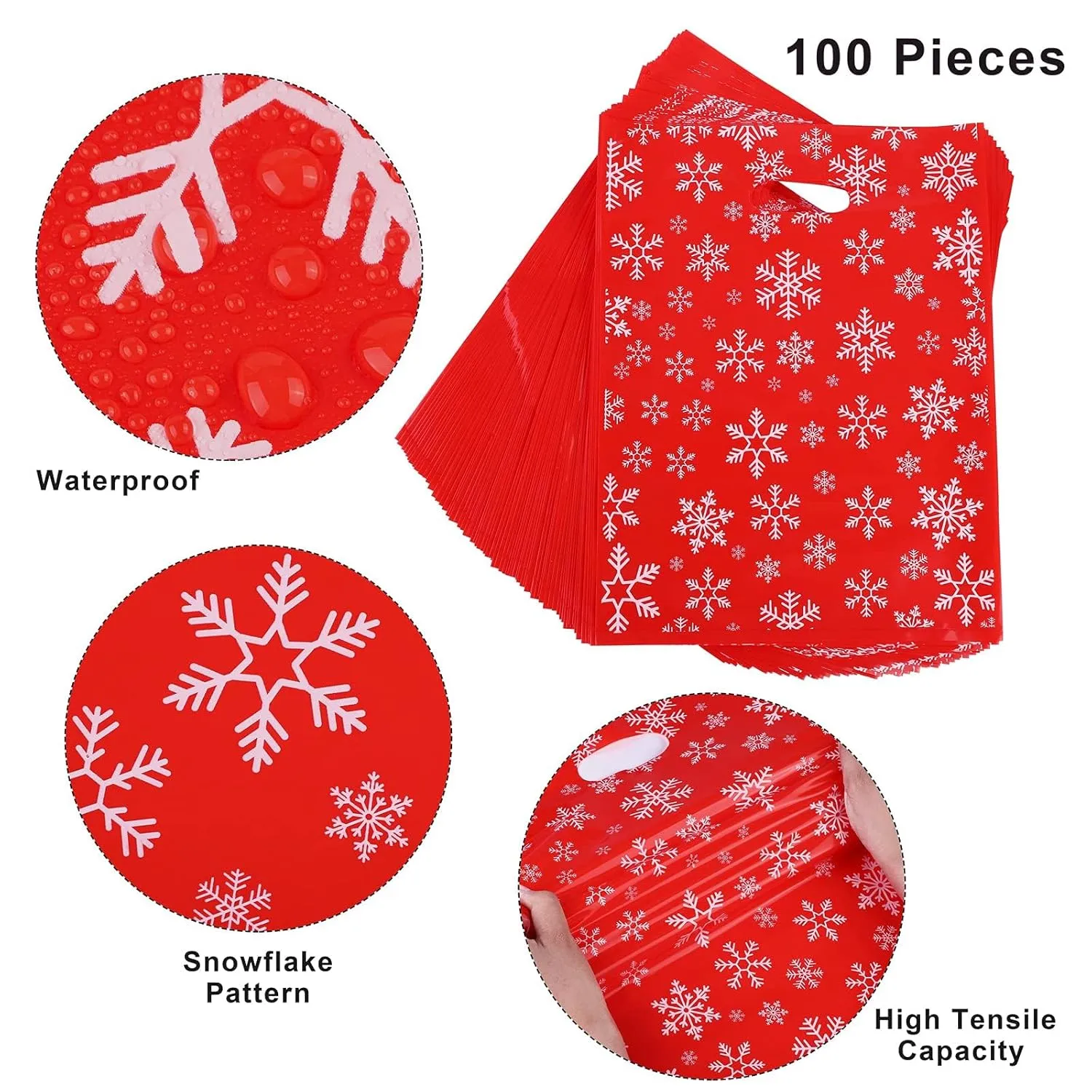 Ruisita 100 Pack 12 x 15 Inches Snowflakes Merchandise Bags Plastic Gift Bags with Handles Die Cut Reusable Goodie Bags Bulk for Shopping, Retail, Boutique (Red)