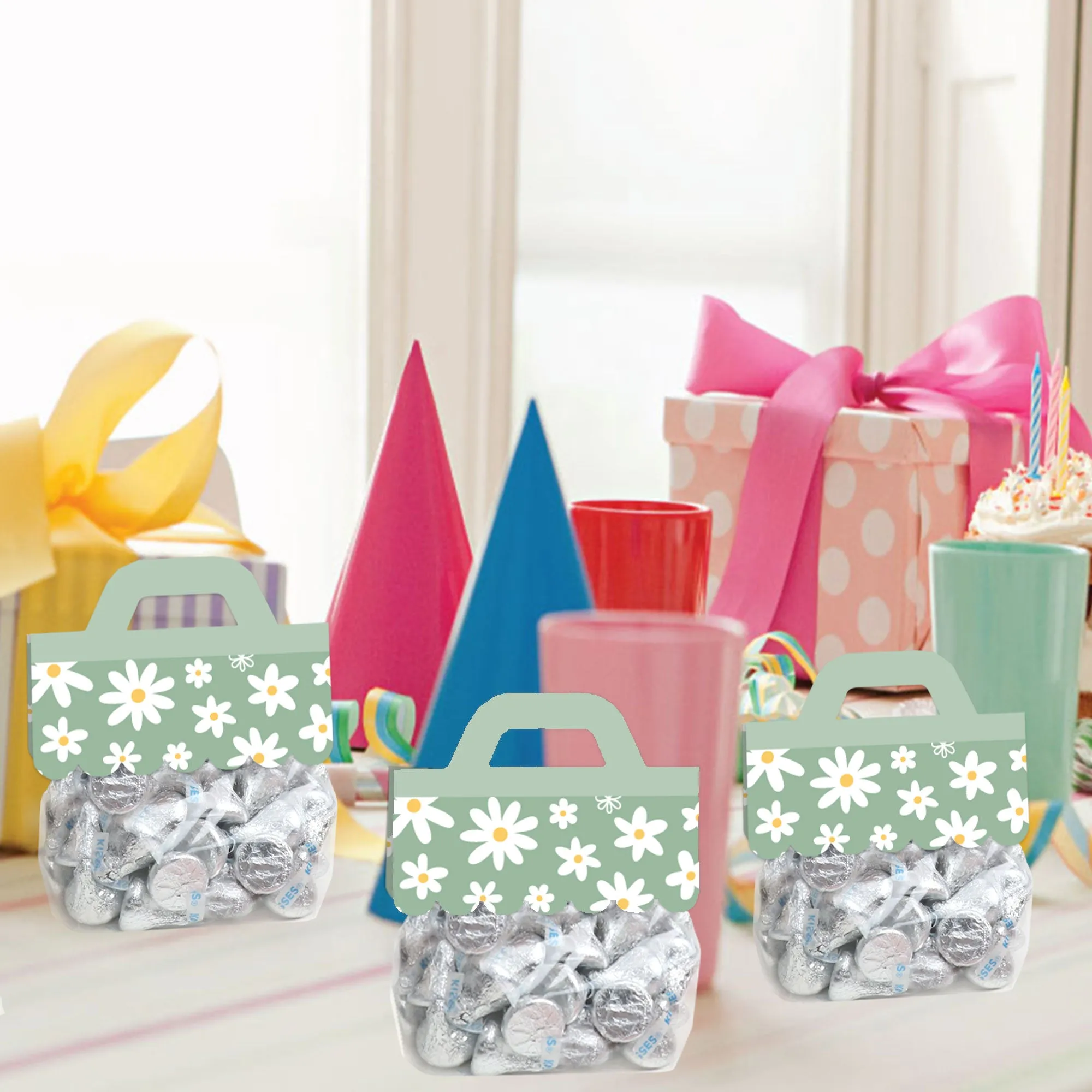Sage Green Daisy Flowers - DIY Floral Party Clear Goodie Favor Bag Labels - Candy Bags with Toppers - Set of 24