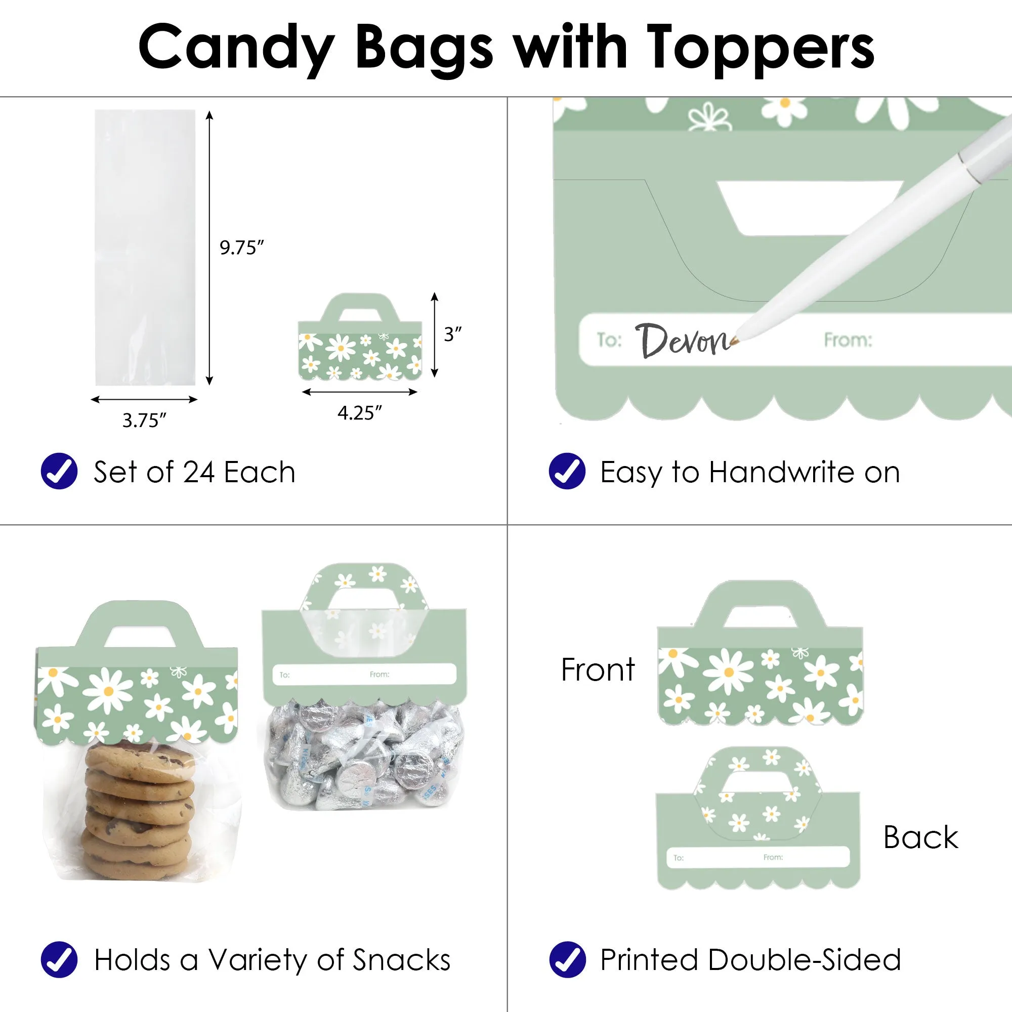 Sage Green Daisy Flowers - DIY Floral Party Clear Goodie Favor Bag Labels - Candy Bags with Toppers - Set of 24