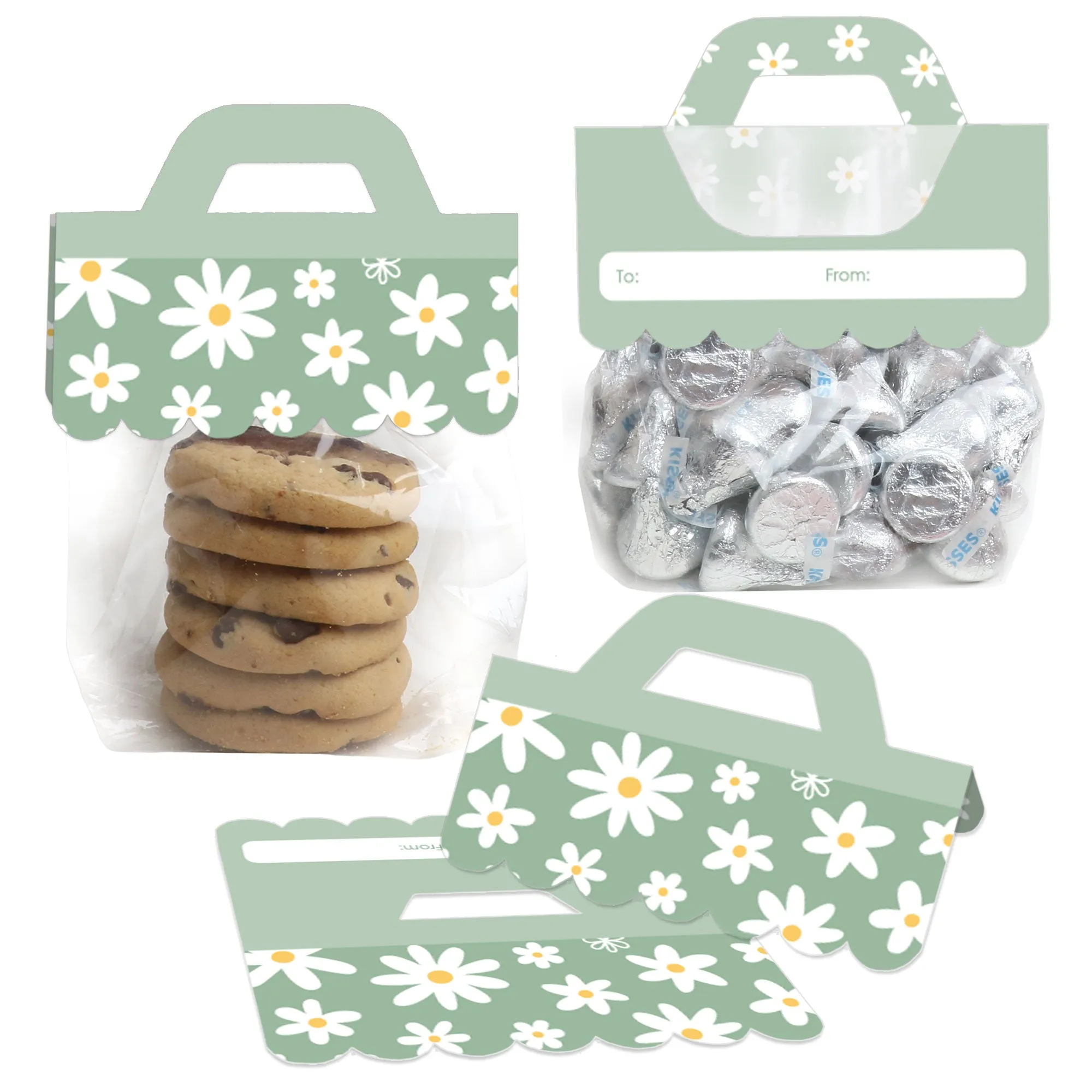 Sage Green Daisy Flowers - DIY Floral Party Clear Goodie Favor Bag Labels - Candy Bags with Toppers - Set of 24