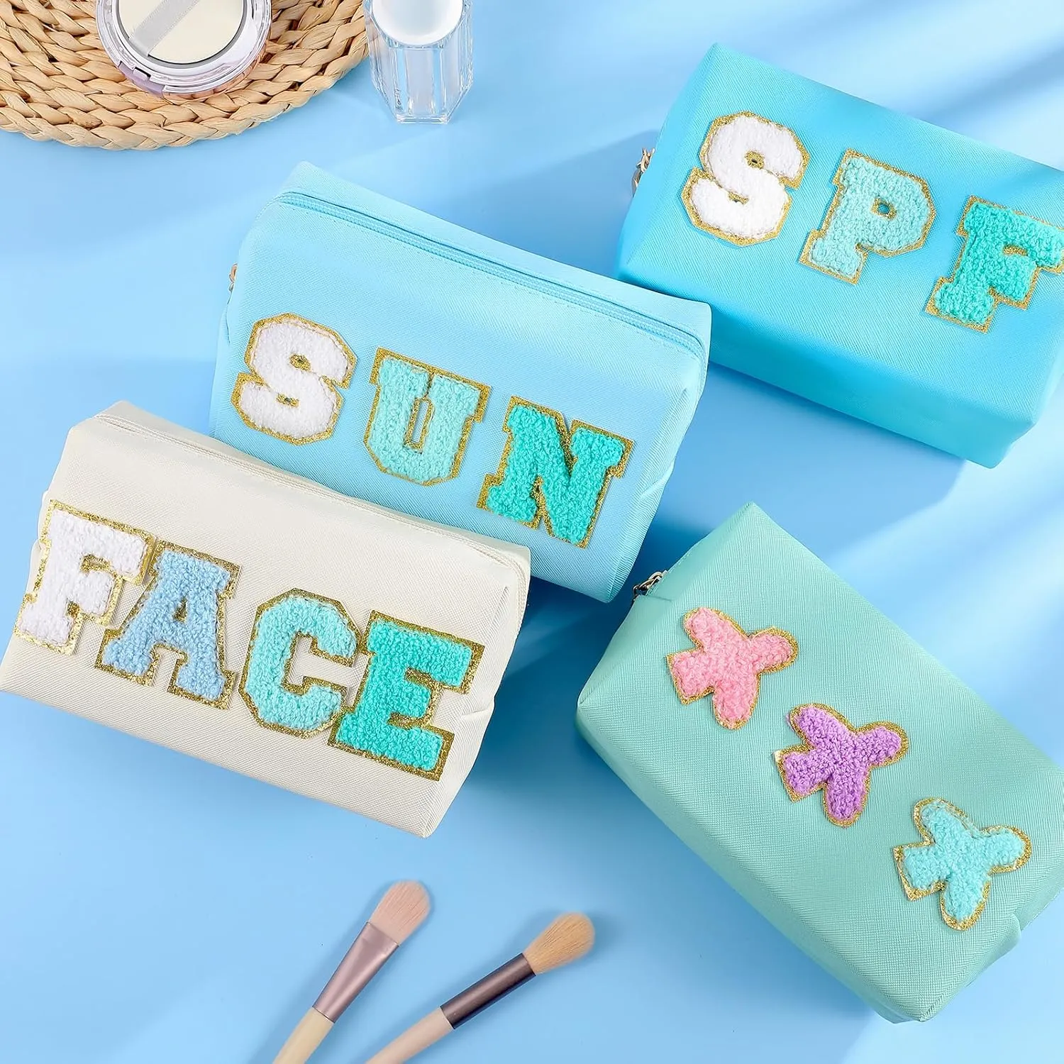 Sanwuta 4 Pcs Hair Face Skin Travel Bag Set Preppy Makeup Pouch PU Leather Skincare Bag Waterproof Cosmetic Organizer Birthday Christmas Gifts (Blue,Green,Blue Green,White,Fresh Style)