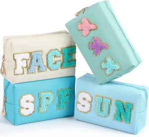 Sanwuta 4 Pcs Hair Face Skin Travel Bag Set Preppy Makeup Pouch PU Leather Skincare Bag Waterproof Cosmetic Organizer Birthday Christmas Gifts (Blue,Green,Blue Green,White,Fresh Style)