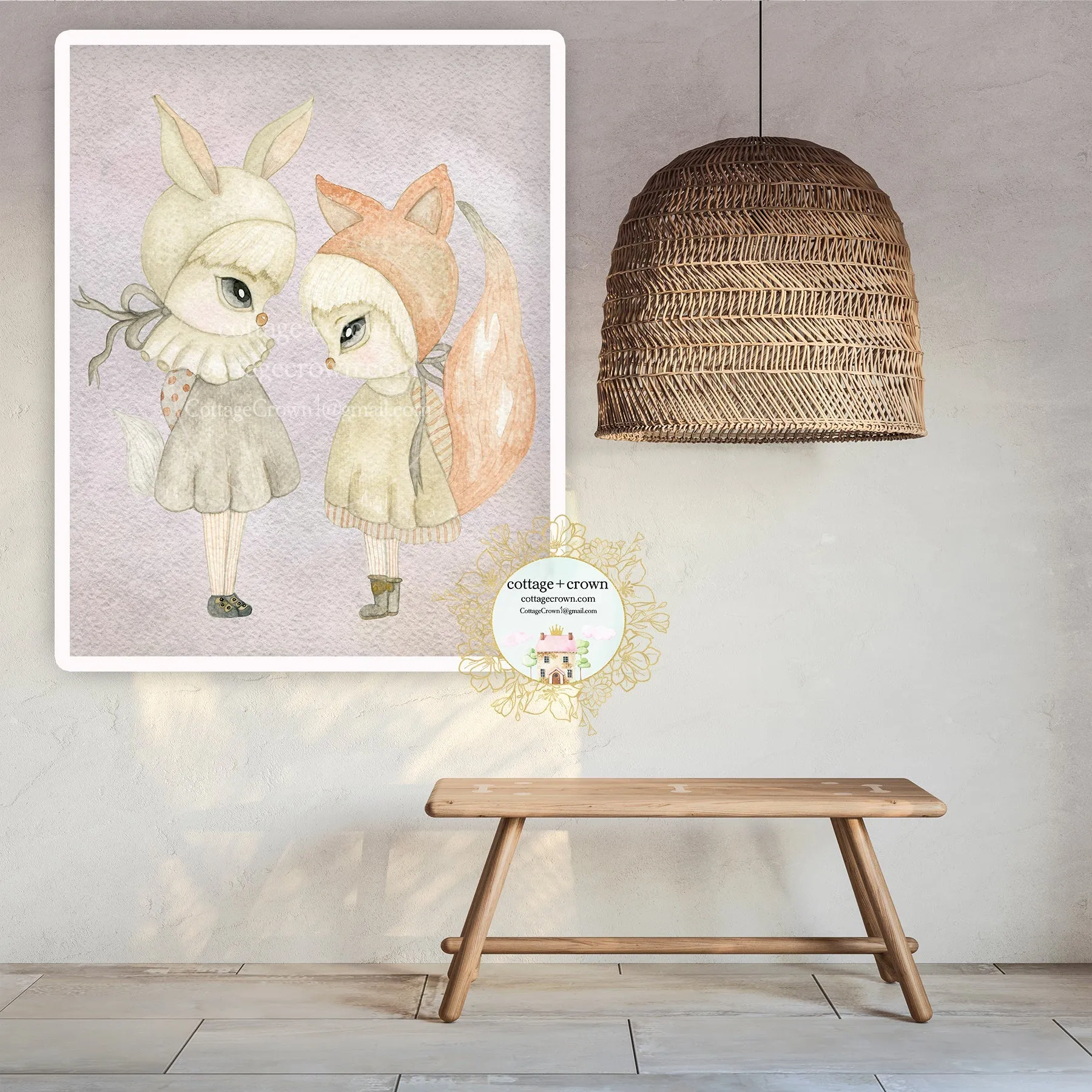 Sarafina   Sam Woodland Bunny Fox Girls Exclusive Watercolor Wall Art Print