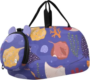 Sea Underwater Stingrays Fishes Sports Duffle Bag for Girls Boys, Gym Bag with Shoe Compartment, Kids Travel Overnight Weekender Shoulder Bag