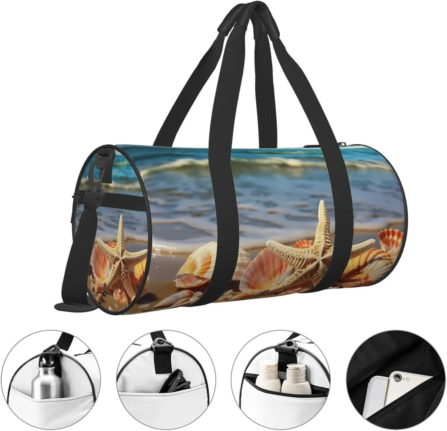 Seashells on the sandy beach Travel Duffle Bag for Men Women Sport Gym Bag Foldable Weekender Bag Carry on Overnight Bag for Travel Swimming Basketball
