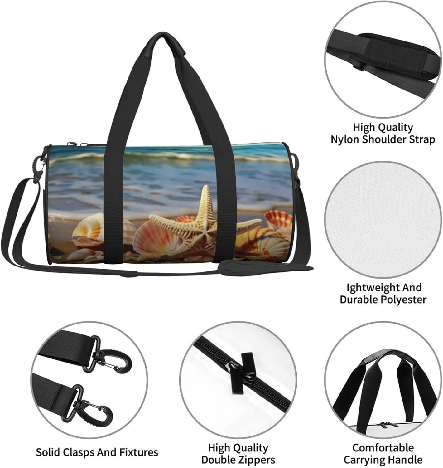 Seashells on the sandy beach Travel Duffle Bag for Men Women Sport Gym Bag Foldable Weekender Bag Carry on Overnight Bag for Travel Swimming Basketball