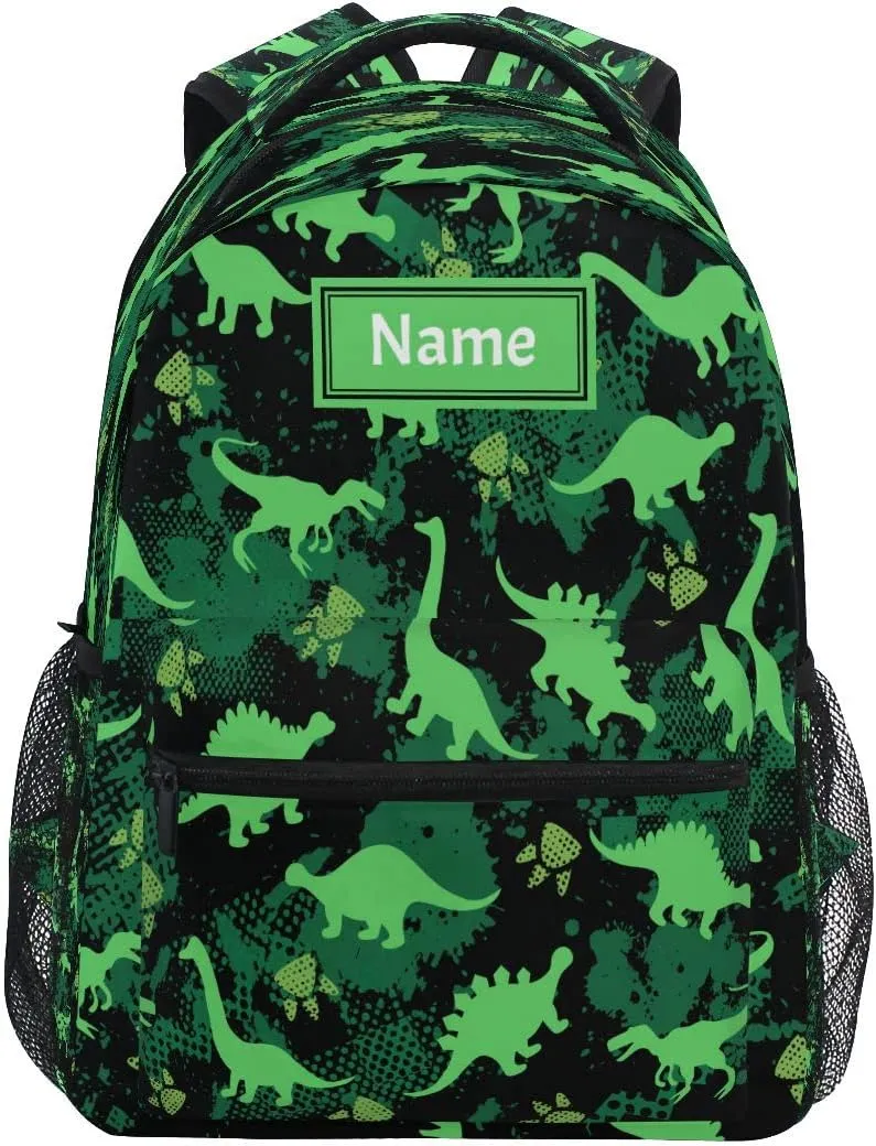 senya Custom Children's Name School Backpack Personalized Schoolbag Green Dinosaurs Grunge Background Travel Bag for Teens Girls Boys