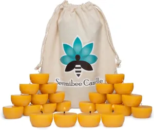 Serenibee Candle 100% Pure Beeswax Tea Light Candles with Two Custom Reusable Glass Candle Holders and Reusable Cotton Bag Eco Friendly Gift Set(24)