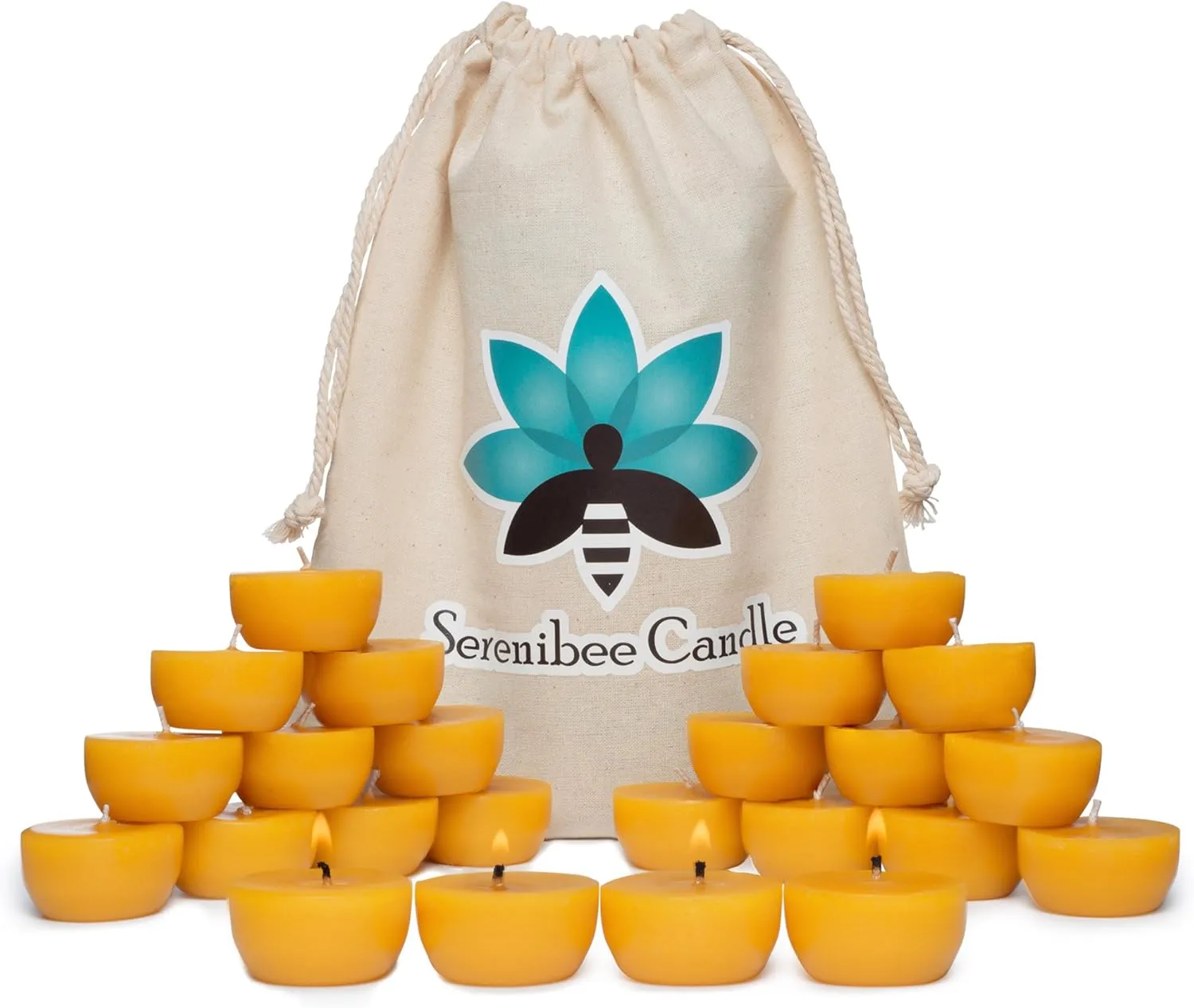 Serenibee Candle 100% Pure Beeswax Tea Light Candles with Two Custom Reusable Glass Candle Holders and Reusable Cotton Bag Eco Friendly Gift Set(24)