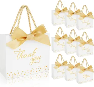 SHAIDOJIO 50 Pcs Small Thank You Gift Bags with Handle, Mini Gift Bag Candy Bags Bulk with Bow Ribbon, Party Favor Bag for Wedding, Birthday, Bridal Shower, Baby Shower (White, 5.5x2.5x4.7 Inch)