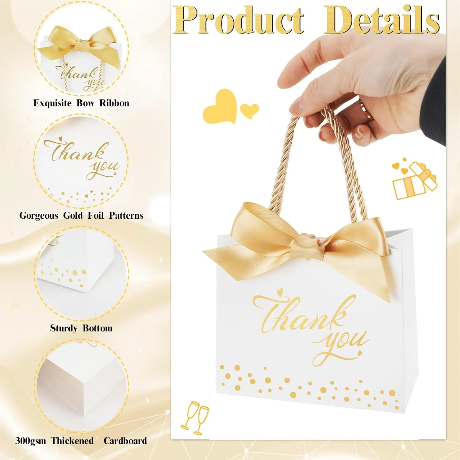 SHAIDOJIO 50 Pcs Small Thank You Gift Bags with Handle, Mini Gift Bag Candy Bags Bulk with Bow Ribbon, Party Favor Bag for Wedding, Birthday, Bridal Shower, Baby Shower (White, 5.5x2.5x4.7 Inch)