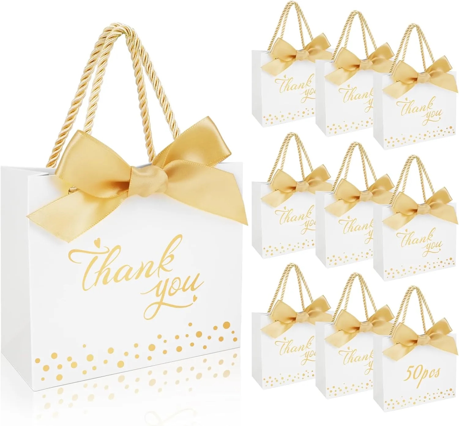 SHAIDOJIO 50 Pcs Small Thank You Gift Bags with Handle, Mini Gift Bag Candy Bags Bulk with Bow Ribbon, Party Favor Bag for Wedding, Birthday, Bridal Shower, Baby Shower (White, 5.5x2.5x4.7 Inch)
