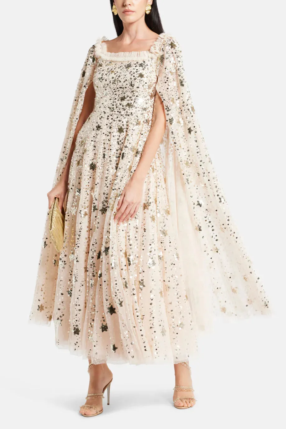 Shooting Stars Sequin Cape Evening Dress