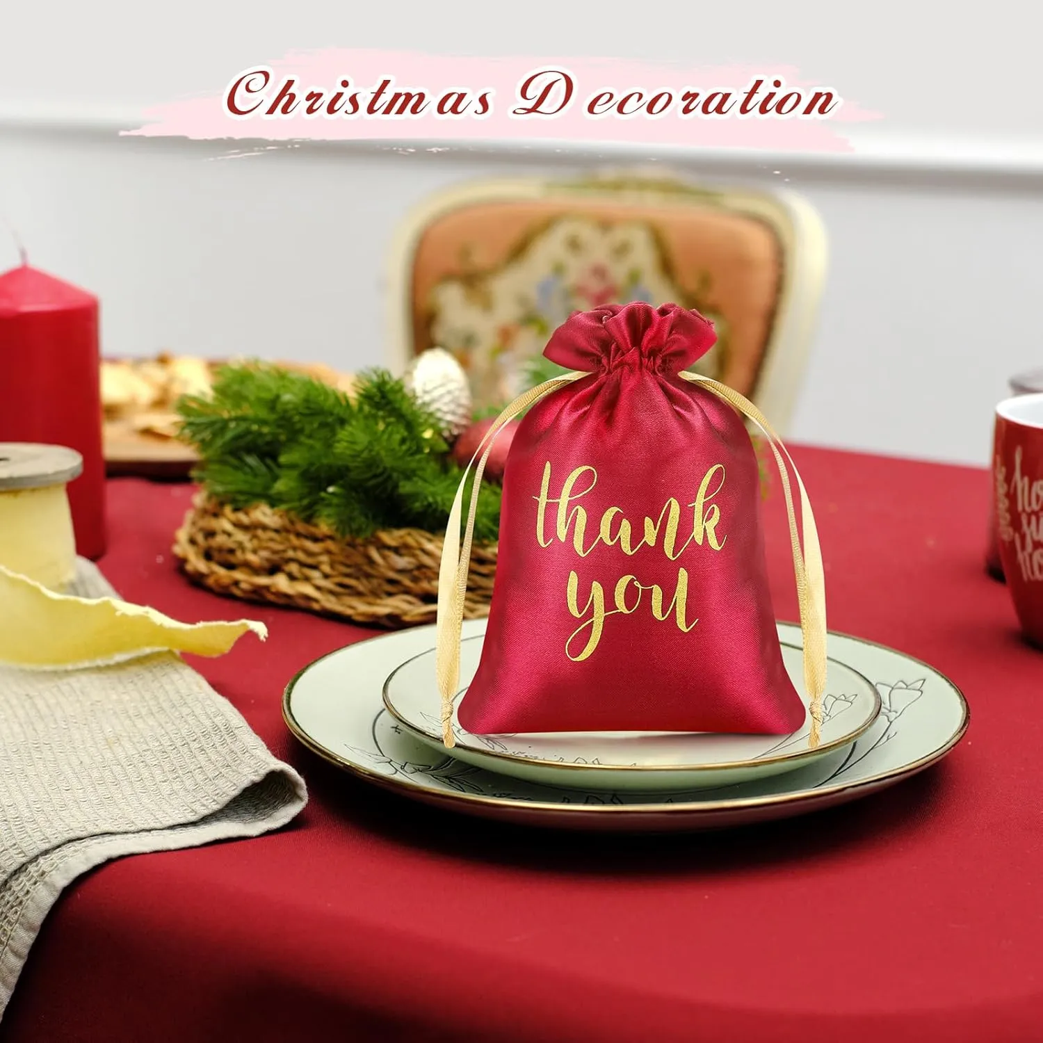 Sieral 50 Pcs Thank You Satin Gift Bags with Drawstring Jewelry Candy Bags for Wedding Bridal Shower Gift Wrap Bags for Birthday Party Anniversary Favor(Red,4 x 6 Inch)