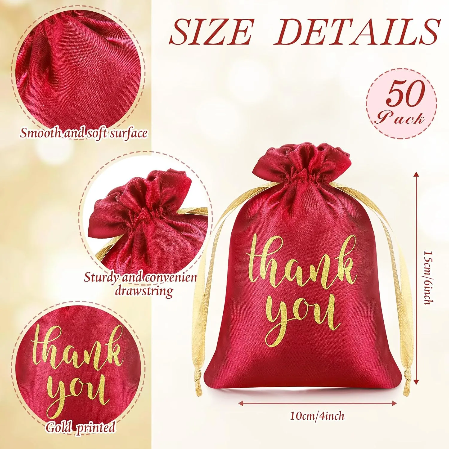 Sieral 50 Pcs Thank You Satin Gift Bags with Drawstring Jewelry Candy Bags for Wedding Bridal Shower Gift Wrap Bags for Birthday Party Anniversary Favor(Red,4 x 6 Inch)