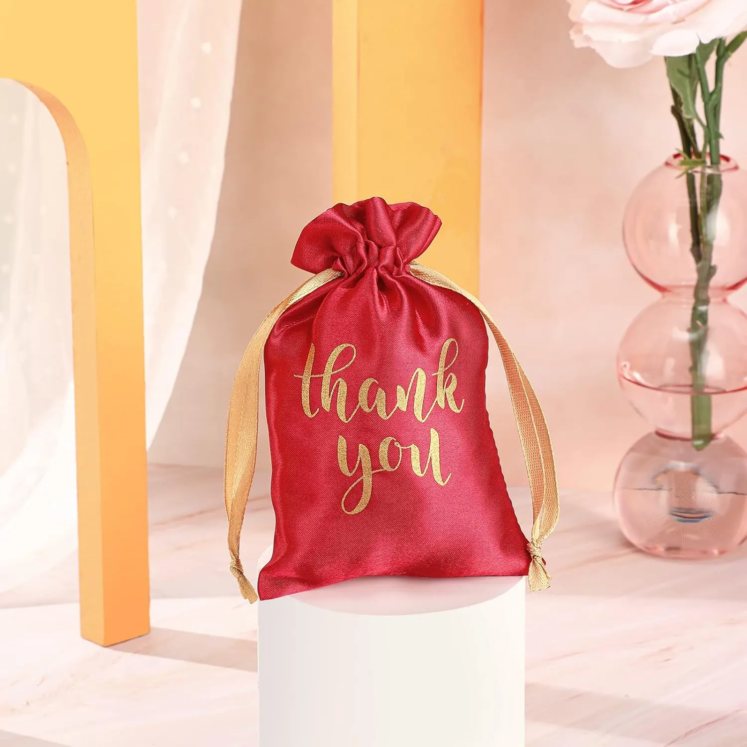Sieral 50 Pcs Thank You Satin Gift Bags with Drawstring Jewelry Candy Bags for Wedding Bridal Shower Gift Wrap Bags for Birthday Party Anniversary Favor(Red,4 x 6 Inch)