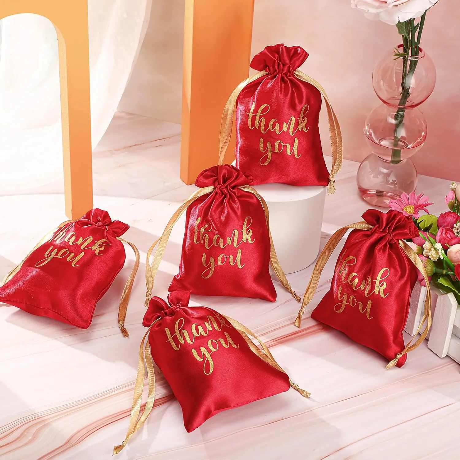 Sieral 50 Pcs Thank You Satin Gift Bags with Drawstring Jewelry Candy Bags for Wedding Bridal Shower Gift Wrap Bags for Birthday Party Anniversary Favor(Red,4 x 6 Inch)