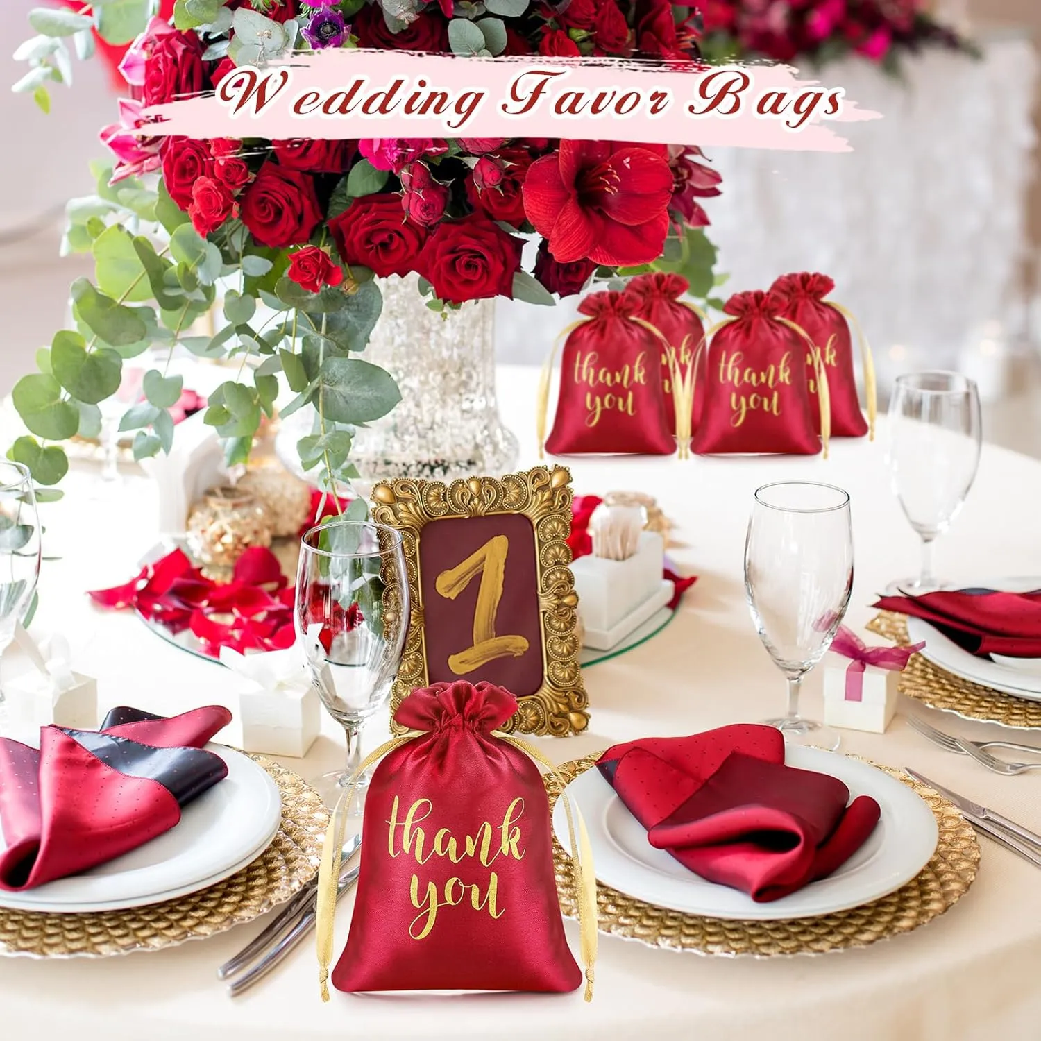 Sieral 50 Pcs Thank You Satin Gift Bags with Drawstring Jewelry Candy Bags for Wedding Bridal Shower Gift Wrap Bags for Birthday Party Anniversary Favor(Red,4 x 6 Inch)