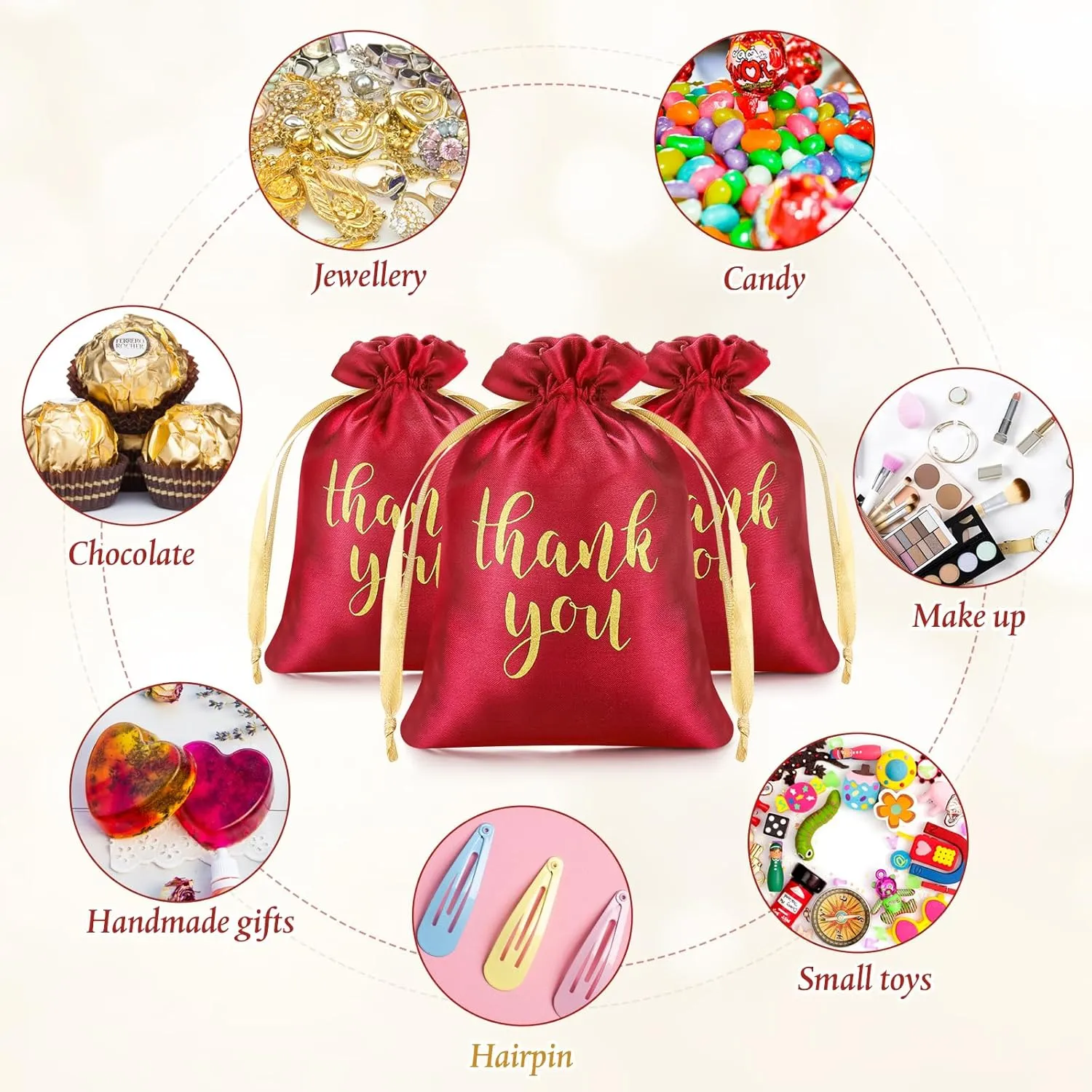 Sieral 50 Pcs Thank You Satin Gift Bags with Drawstring Jewelry Candy Bags for Wedding Bridal Shower Gift Wrap Bags for Birthday Party Anniversary Favor(Red,4 x 6 Inch)