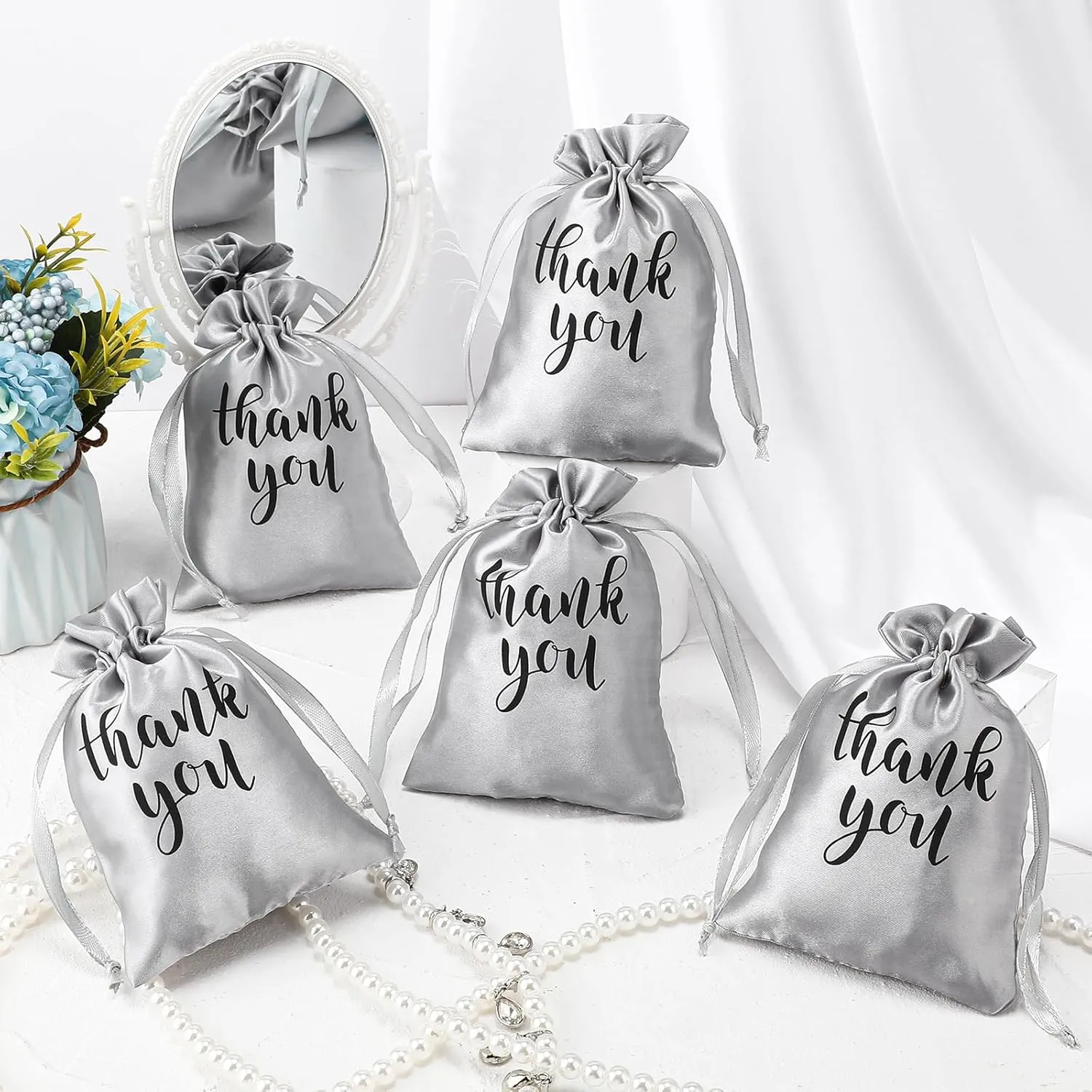 Sieral 50 Pcs Thank You Satin Gift Bags with Drawstring Jewelry Candy Bags for Wedding Bridal Shower Gift Wrap Bags for Birthday Party Anniversary Favor(Silver,5 x 7 Inch)